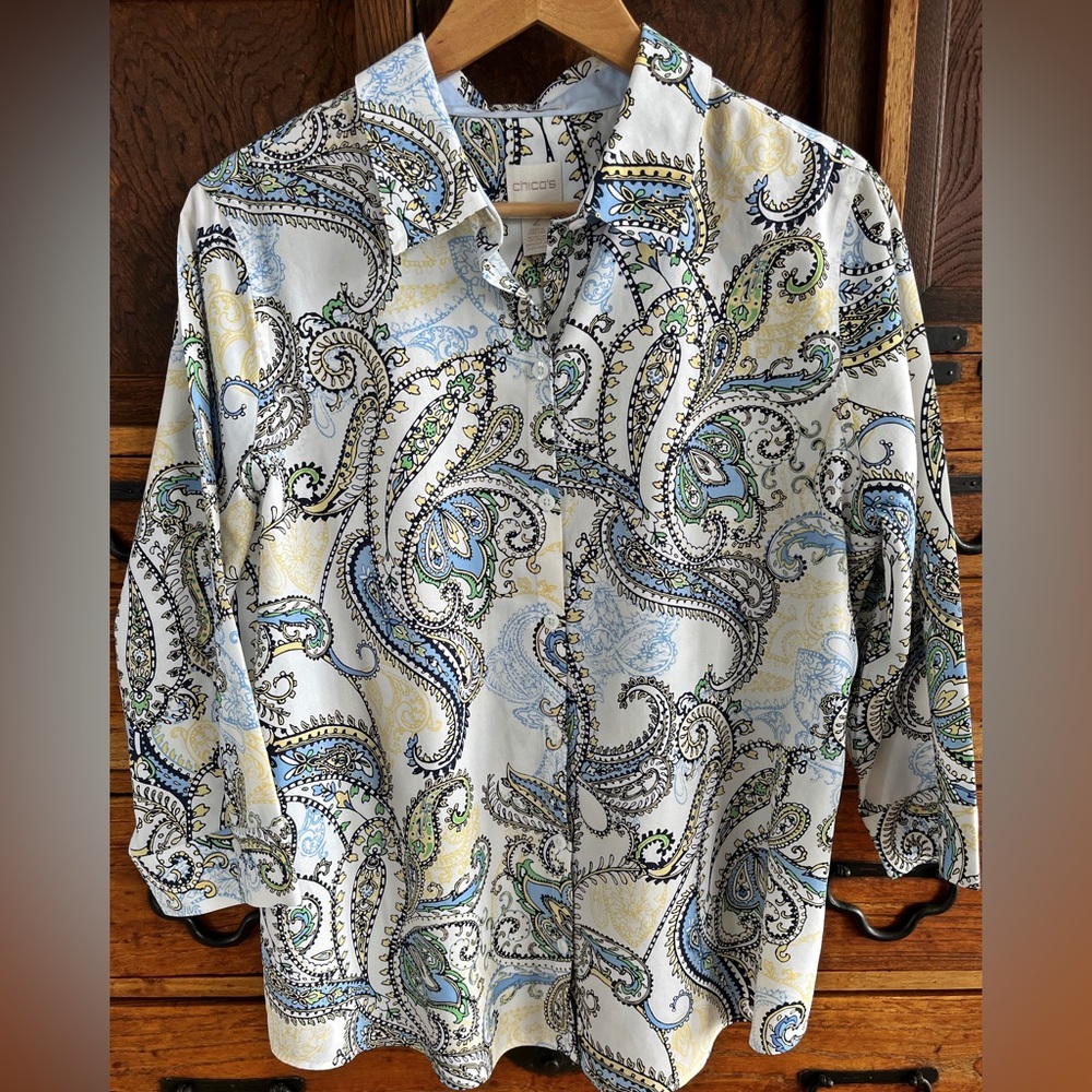 Chico’s Cotton No-Iron Paisley Blouse Sz 2 (Large)